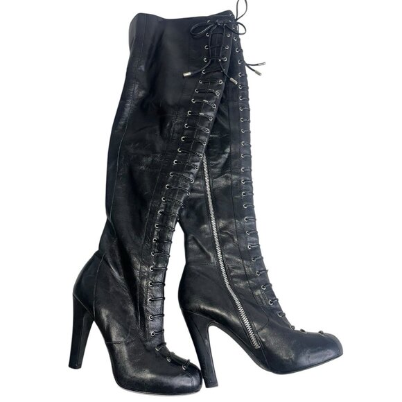 Womens Thigh High Boots 6.5 Faux Leather Lace Up Zip Soft Lined Jessica Simpson - Picture 2 of 15